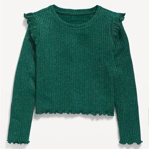 Old Navy Cozy-Knit Metallic Lettuce-Edge Long Sleeve Top Girls Green Rib Ruffle